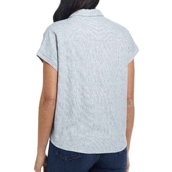 Weatherpoof Tie Front Washable Linen Nautical Shirt in Blue Pinstripe - Picture 2 of 8